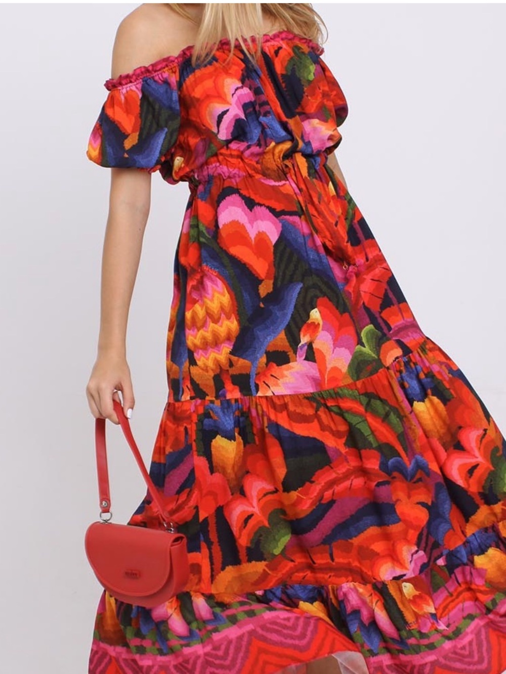 FARM Rio Vibrant Multi-Color Off-Shoulder Maxi Dress M